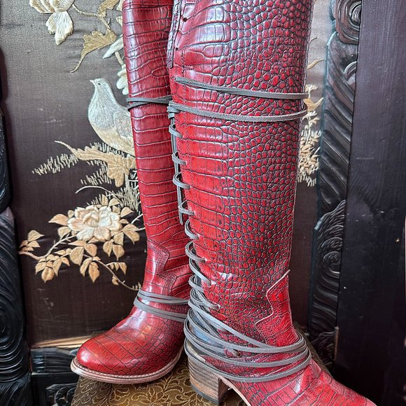 FREEBIRD COAL Tall boot RED- With Zipper and Leather Lacing